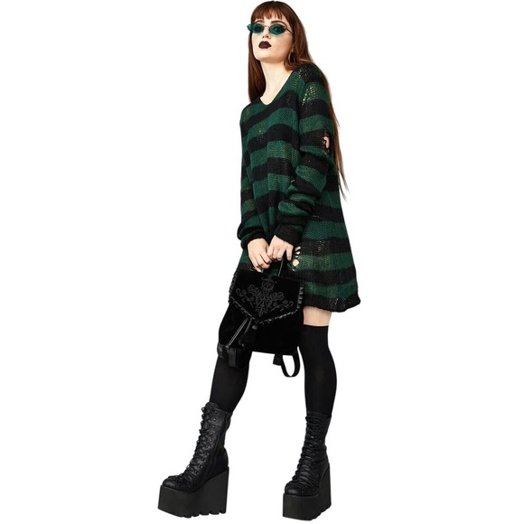 Widow Eternal Nightmare Distressed Stripe Sweater Goth Emo Punk Green Black L/XL - Picture 1 of 16